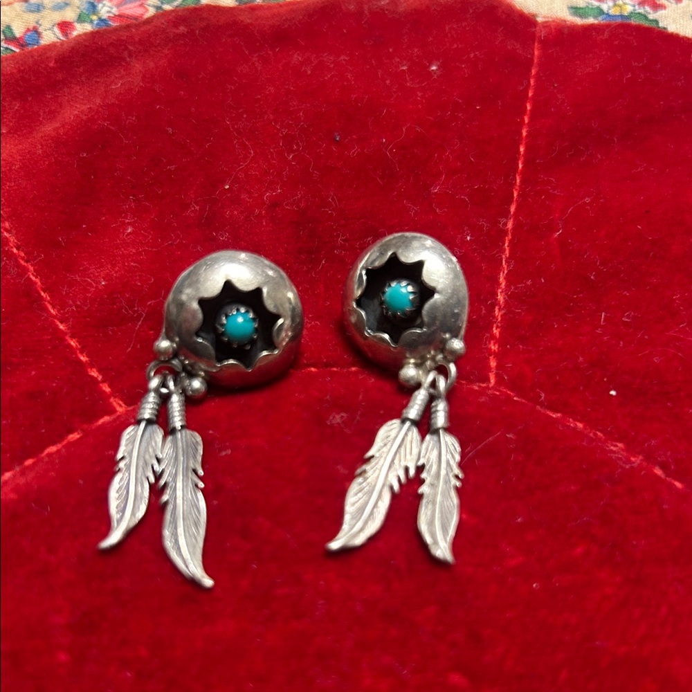 Sterling Silver Feather Dangle Earrings with Turquoise Accent